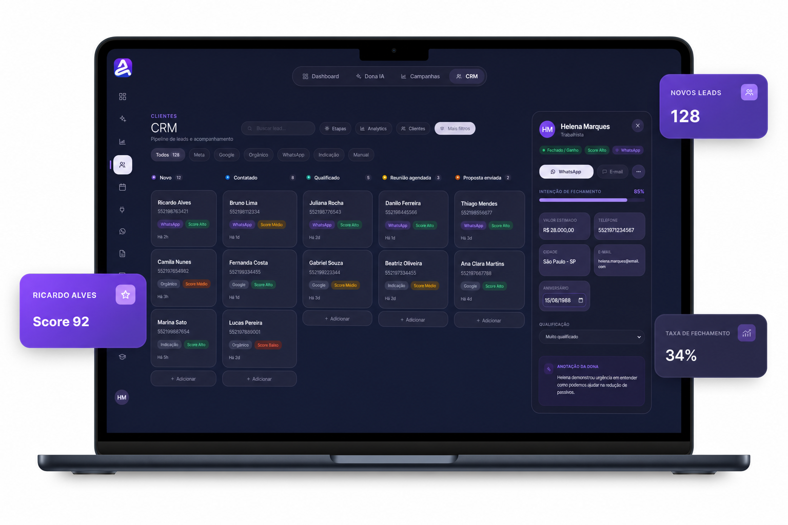 CRM da a2ia — pipeline de leads com score e acompanhamento pela Dona IA.
